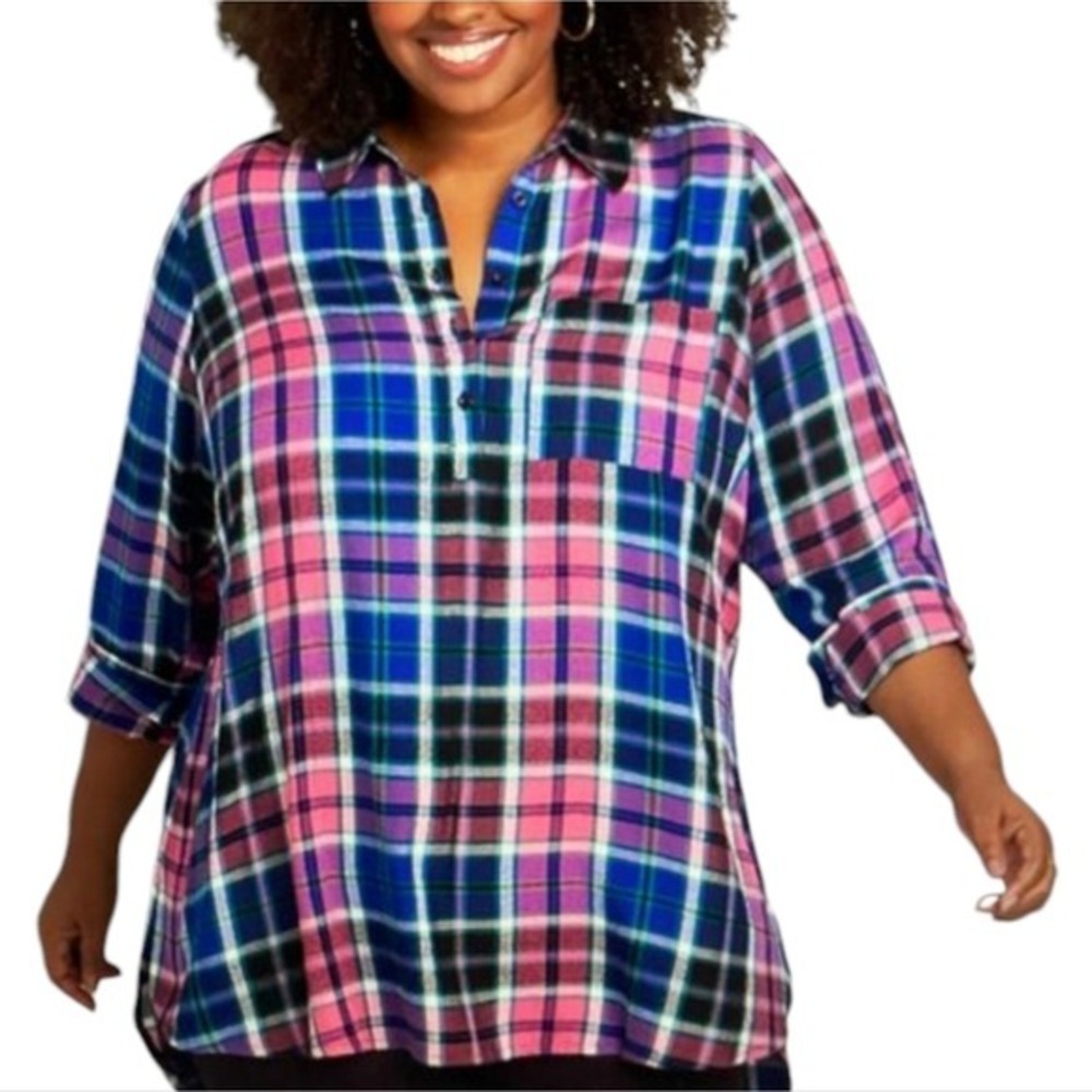 Lane Bryant pink and blue plaid Henley high low‎ tunic Shirt plus size 24 new!!!